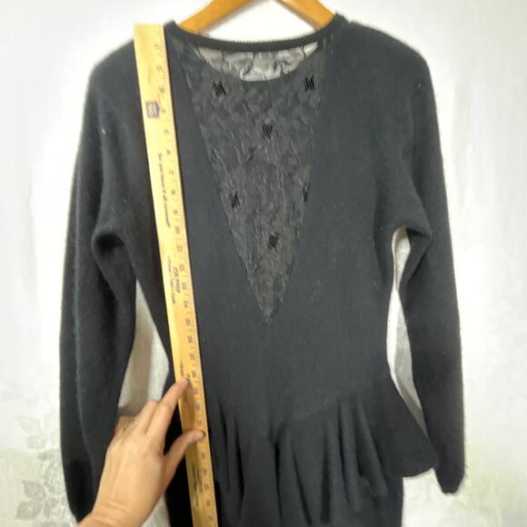 Vintage Sweater Dress 4 PETITE Black Ruffle Lace Lambswool Angora Ambria - Picture 11 of 12